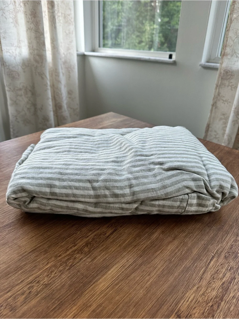 NWOT Quince European Linen Duvet Cover Only, Full/Queen, Willowleaf/White Stripe